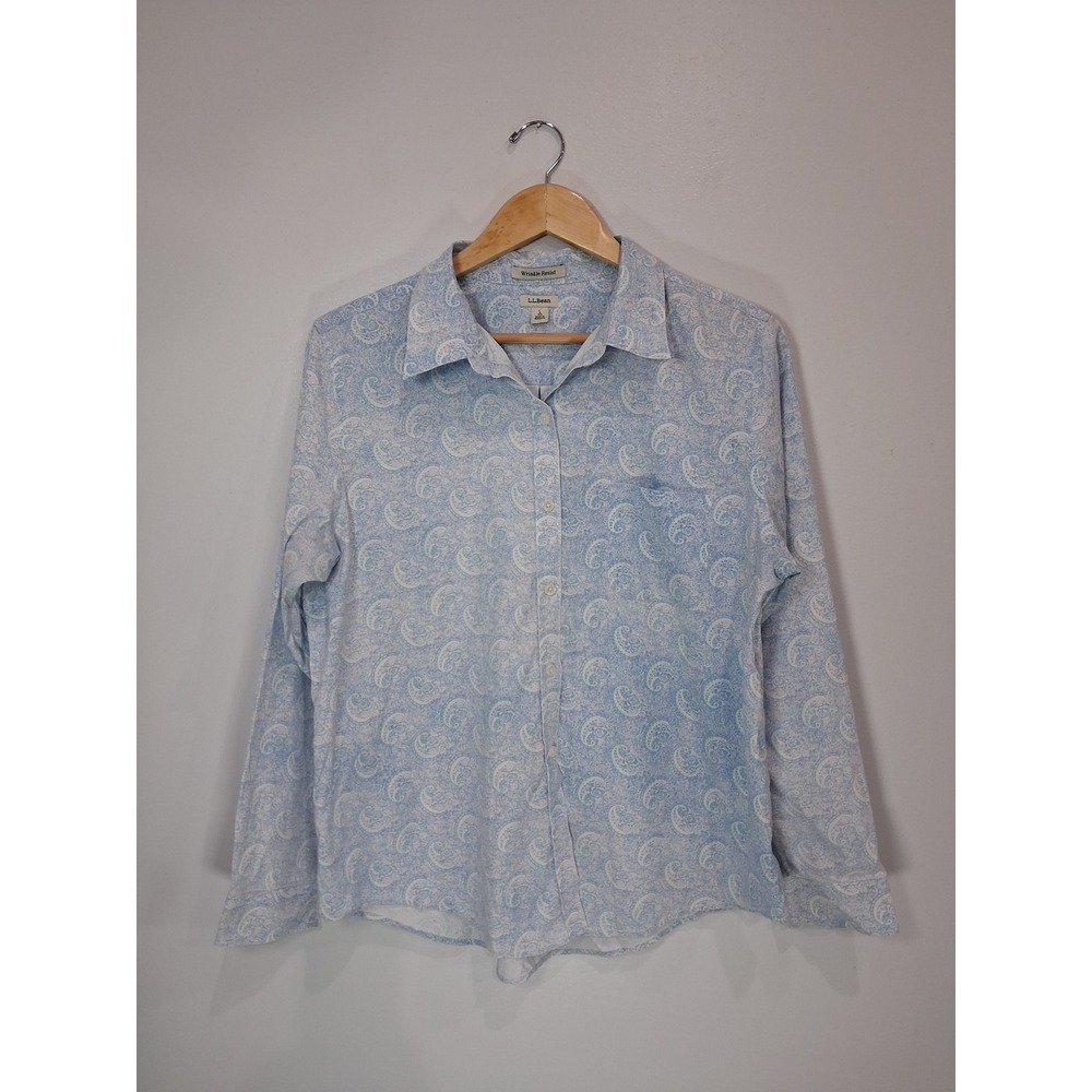 LL Bean Mens Blue Paisley Wrinkle Resist Cotton Button Down Shirt Large 294793